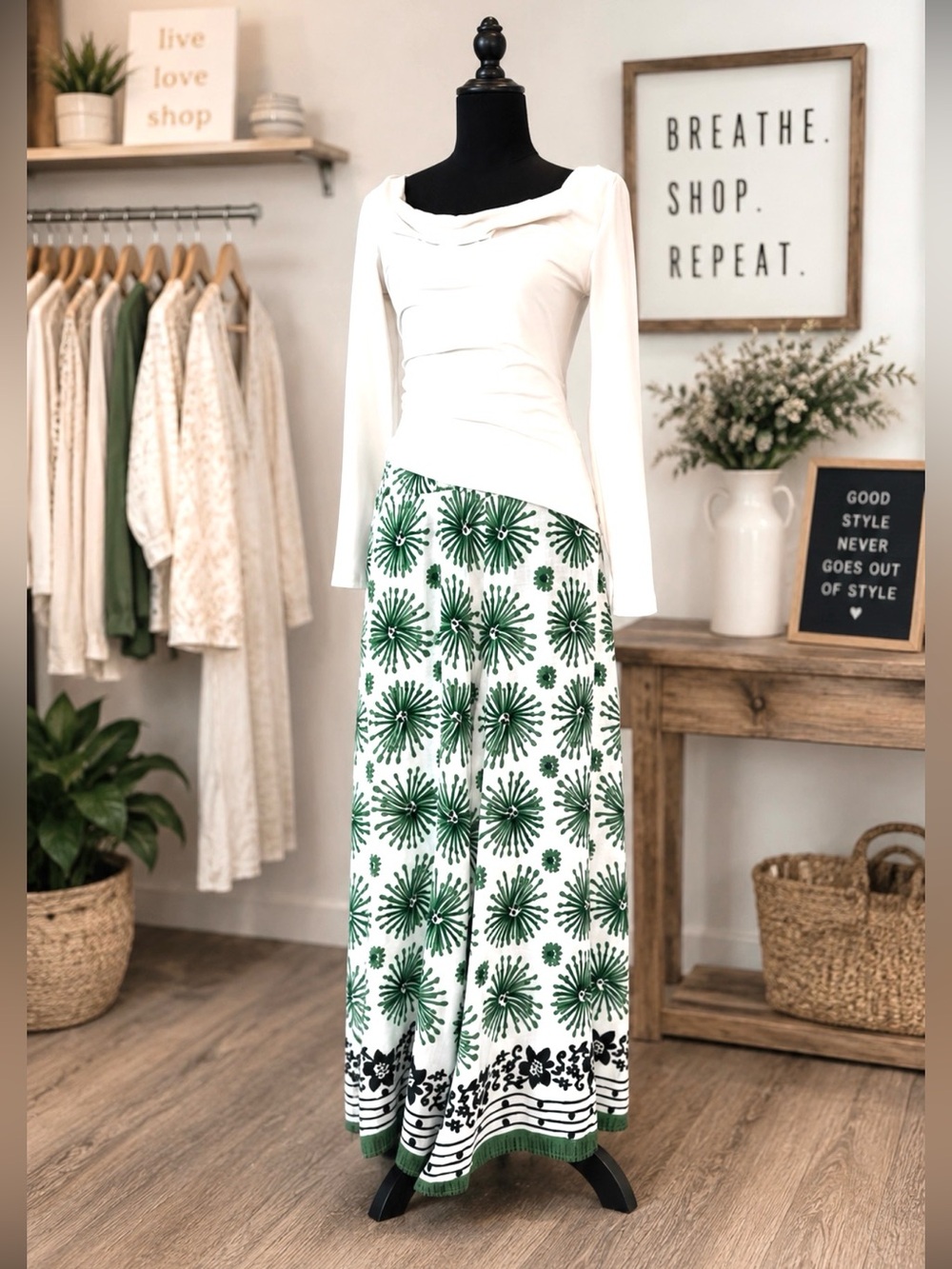 UMGEE Wide Leg Pants with Elastic Waistband Green and White Floral Print